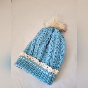Etc. Blue Cable Knit Beanie Hat Lace Pom Pom Faux Fur Snow Bunny Winter Lolita